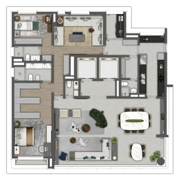 Planta opção 240m² | 2 suítes + family room