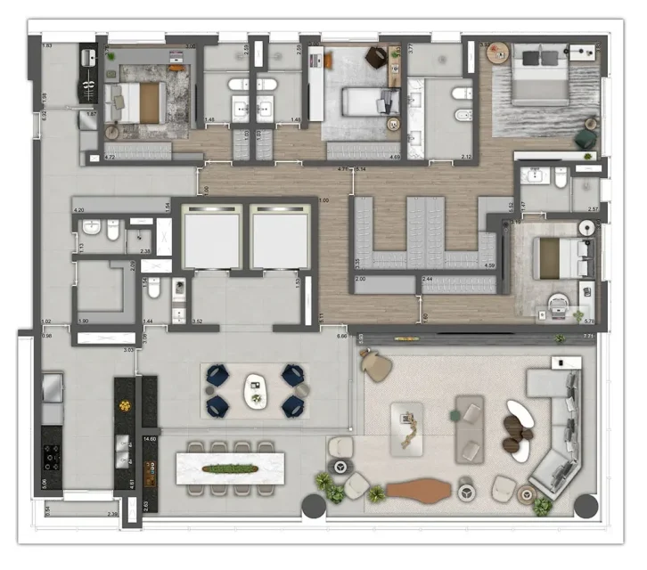 Planta tipo 298m² | 4 suítes