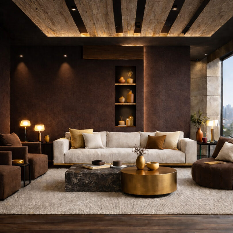 Chocolate brown + off-white “pillow” + dourado queimado