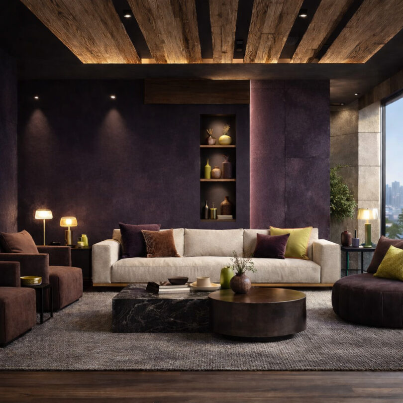 Plum Noir + marrom + acento Wasabi (chartreuse)