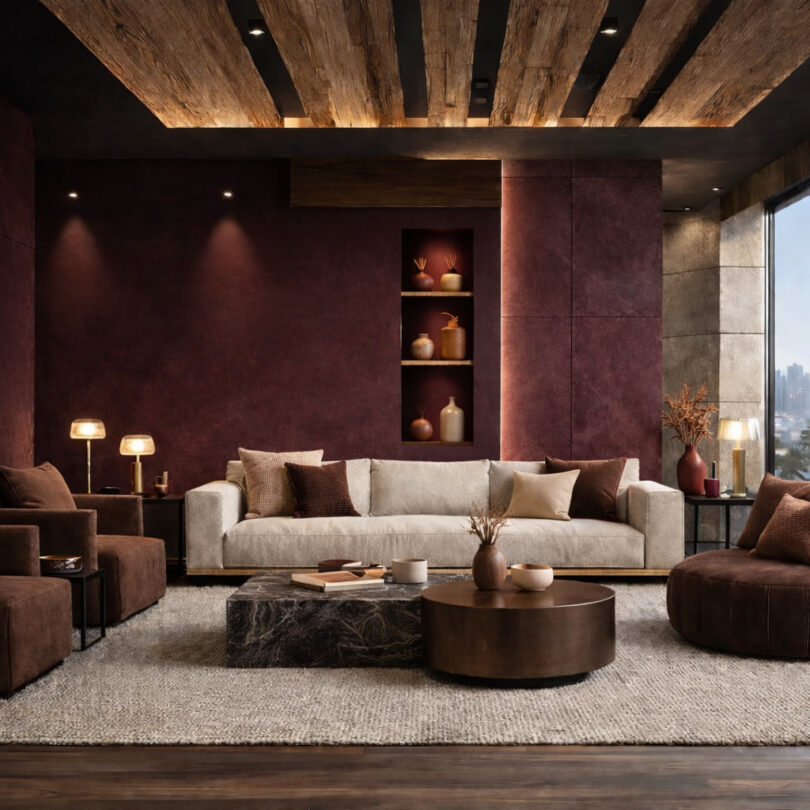 Borgonha (wine) + bege quente + marrom aveludado