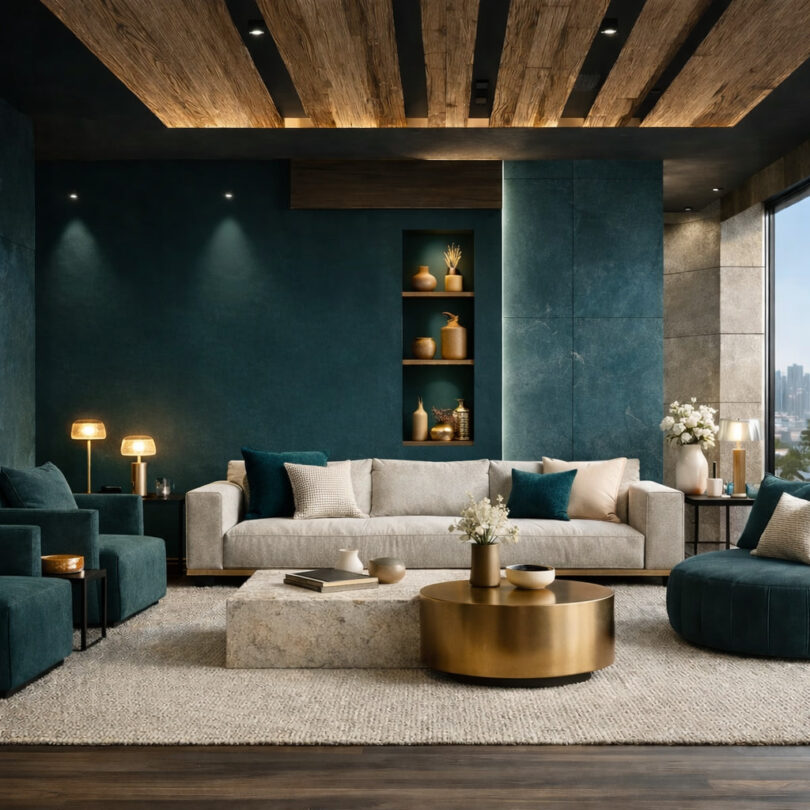 Deep teal + dourado rico + branco macio