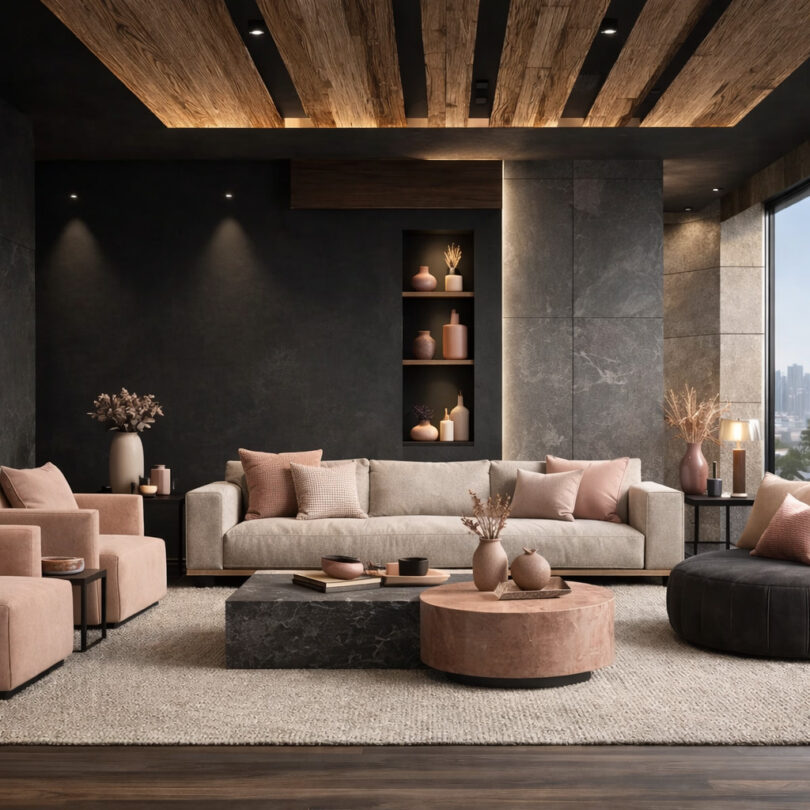 Silhouette (marrom-charcoal) + blush sofisticado + branco quente