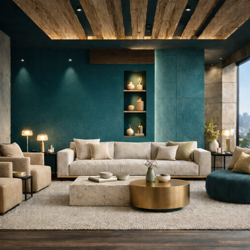 Transformative Teal (azul-esverdeado) + branco quente + areia/khaki