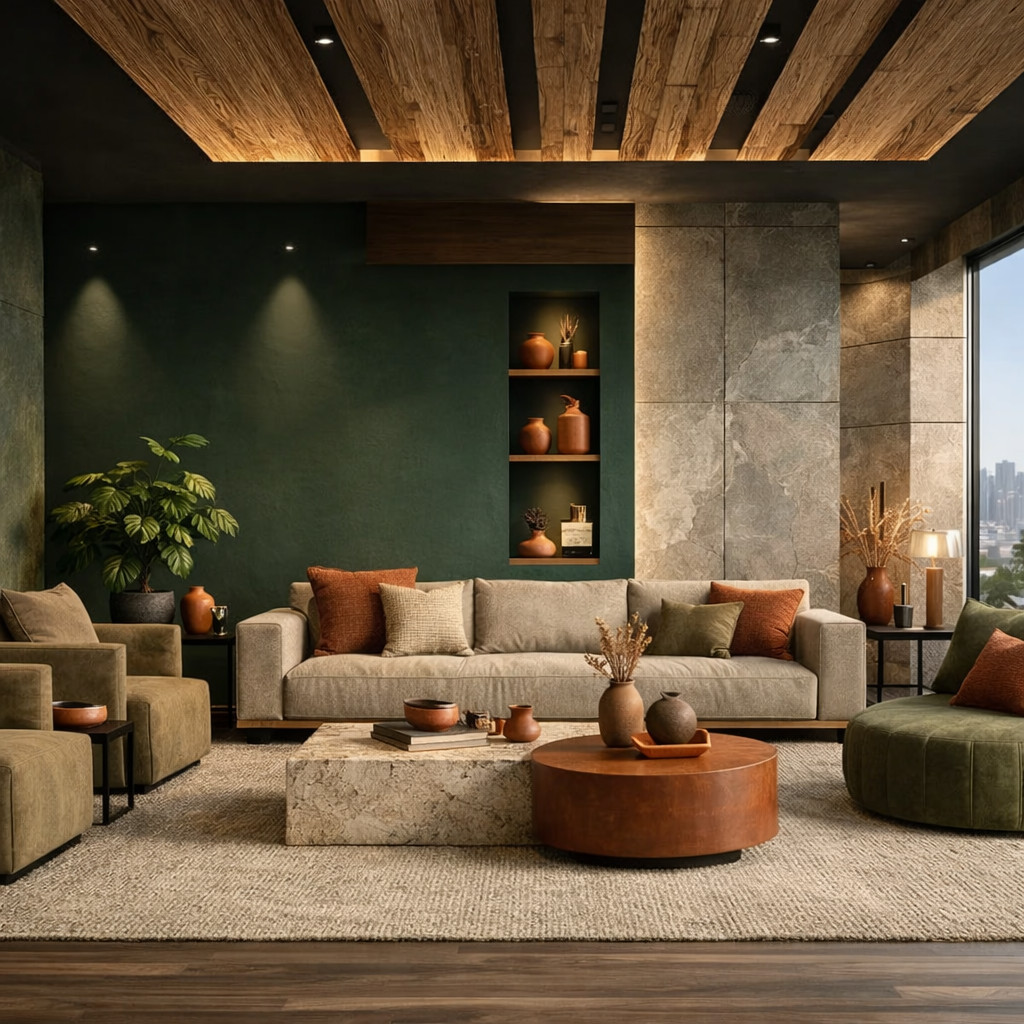 Khaki clássico + verde profundo + argila/rust