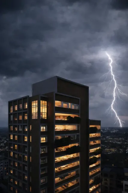 IMagem mostra um empreendimento em prieiro plano com céu com muitas nuvens e raios