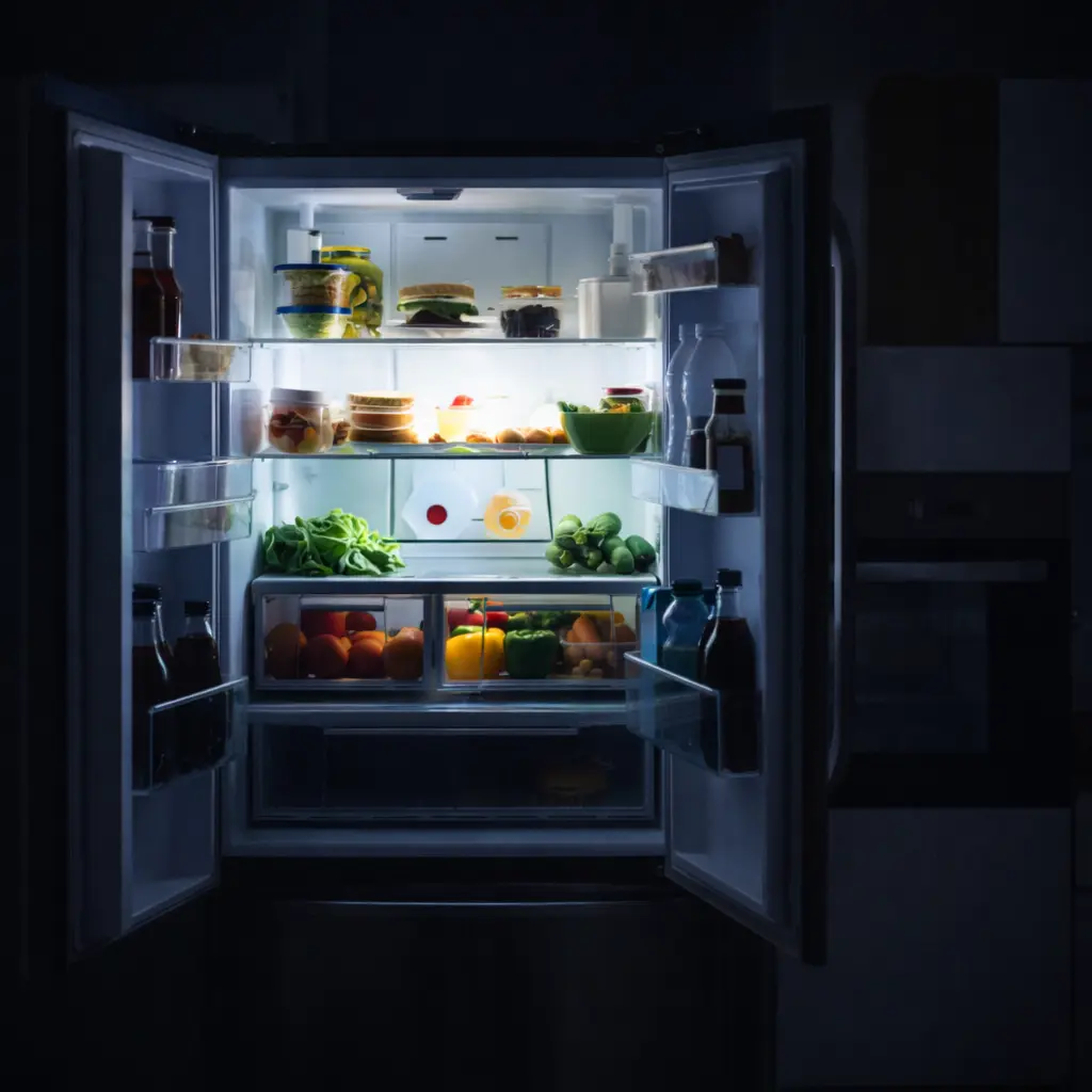 Geladeira com luz interna em ambiente escuro